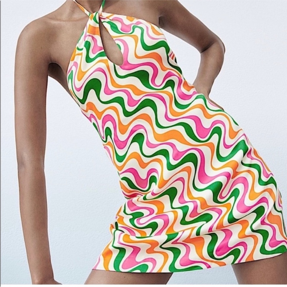 Zara Multicolor Wave-Print Mini Dress - Pink, Green, Orange, White